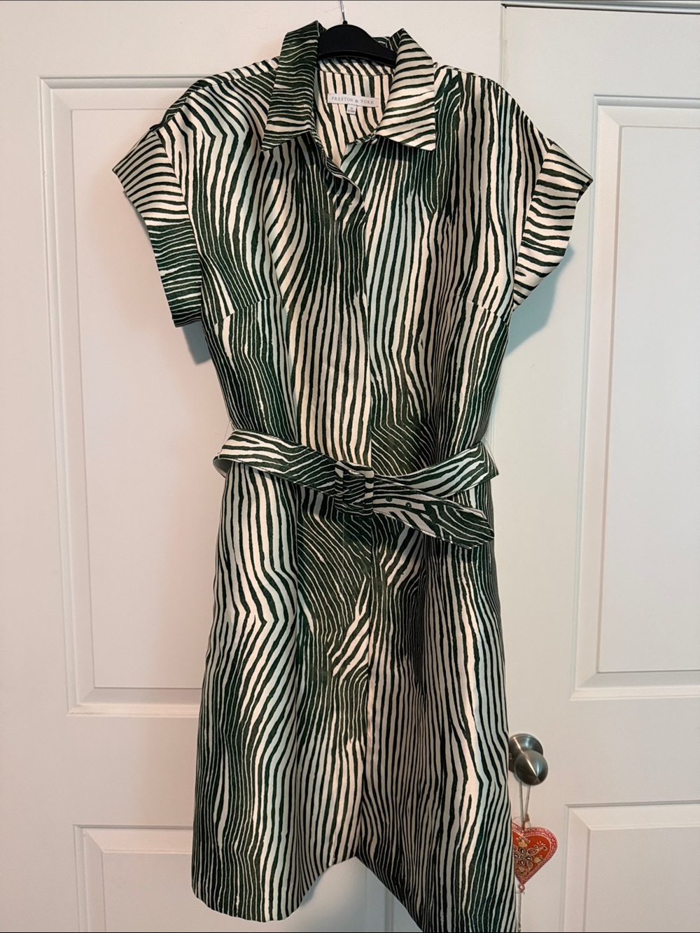 Preston & York Green and White Striped Mini Shirt Dress with Waist Tie